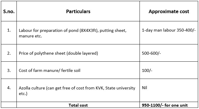 Cost of Azolla Production Unit